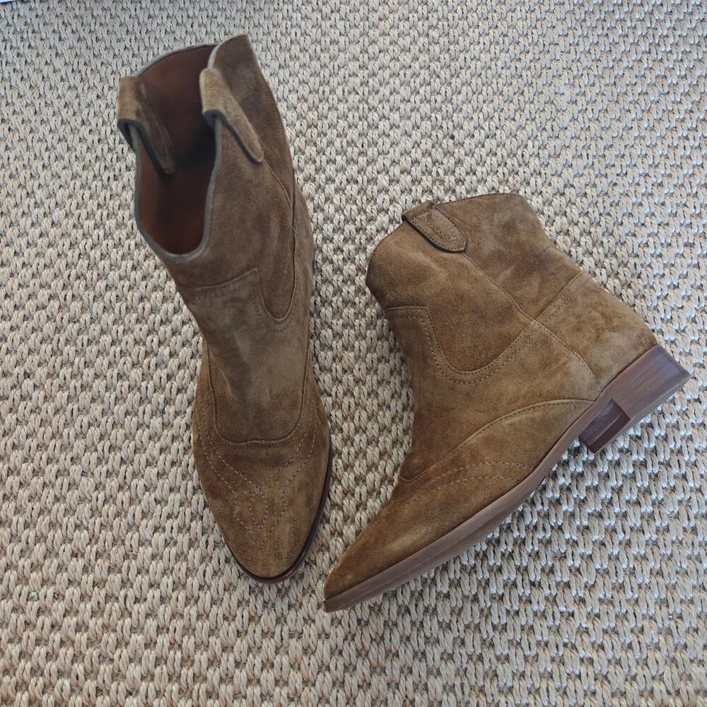 Sezane Low Billie Taupe Suede Western Ankle Boots EU 38 US 7 Used Once
